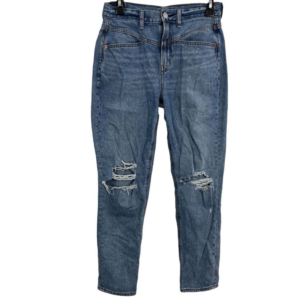 AMERICAN EAGLE MOM JEAN High Rise Waist Distressed Blue Jeans Ripped Holes sz 4